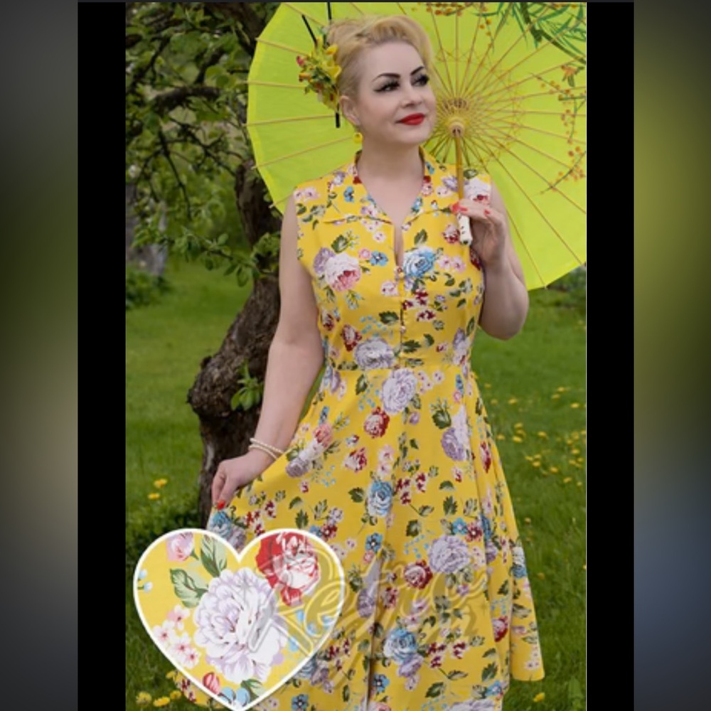 Yellow Floral Midi Dress with Collar